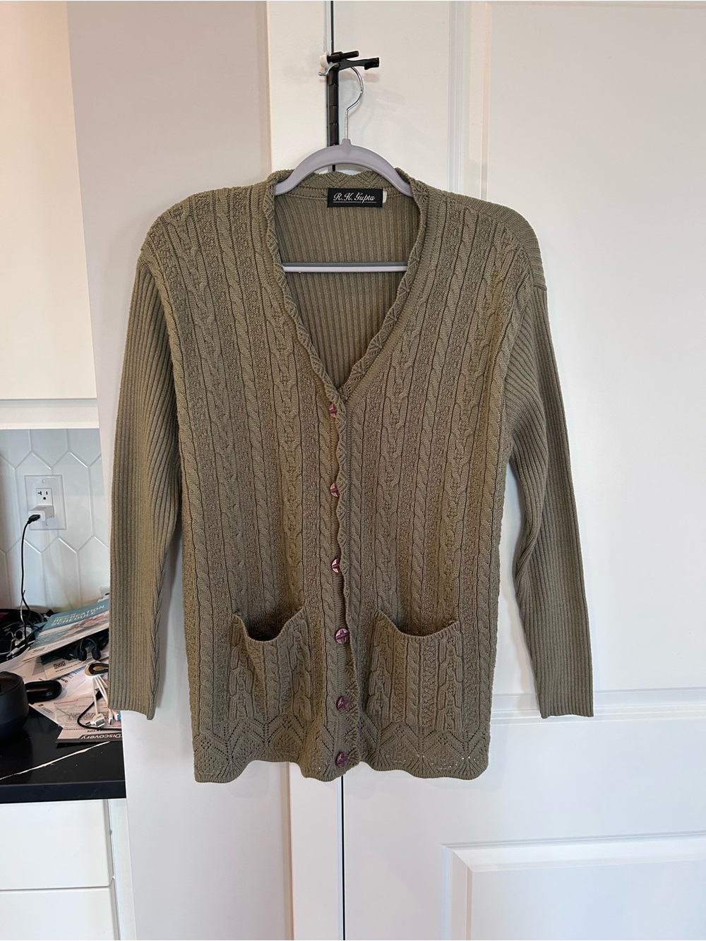 R.K. Gupta Olive Green Cable Knit V-Neck Button-Up Cardigan Sweater Layering